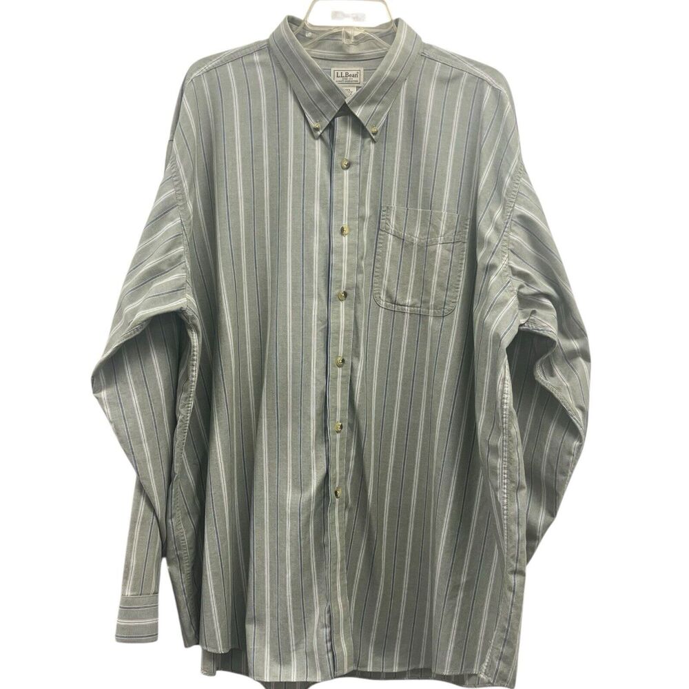 L.L. Bean Men's XXL‎ Olive Green Stripes Long Sleeve Button Down Cotton Shirt